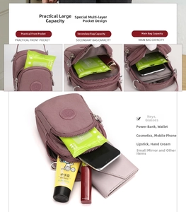 Detailed view of the purple nylon crossbody bag showing three functional zipper compartments
