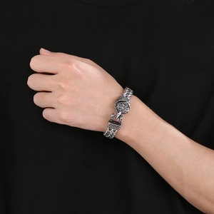 Viking wolf head steel bracelet for men with retro silver finish and detailed carving