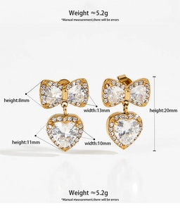 Detailed view of bow and heart earrings with size measurements in millimeters
