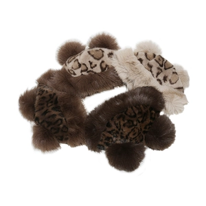 Close-up of fluffy leopard print plush scrunchies with cute bear ears in three colors