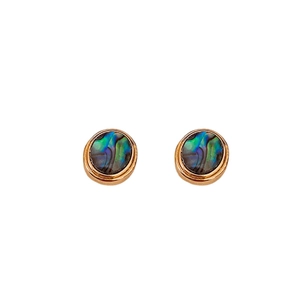 Vintage 18K gold plated oval stud earrings with colorful abalone shell inlay on white backdrop