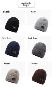 Detail of warm knitted beanies shown in black, grey, navy, dark grey, khaki, and coffee colors