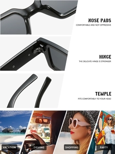 Detail view of reinforced hinges and nose pads on retro square black frame sunglasses