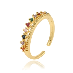 Gold open ring with colorful zircon gemstones and adjustable copper band for women