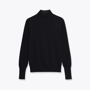 Back view of a black turtleneck knit sweater with ribbed cuffs and hem, classic winter style