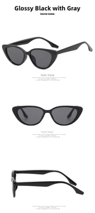 Close-up details of black cat-eye sunglasses with grey lenses from multiple angles