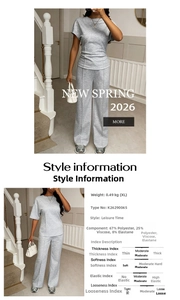Detail view of grey knit fabric texture for casual short sleeve and wide leg pants set
