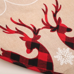 Christmas burlap table runner with reindeer silhouette and red buffalo plaid embroidery