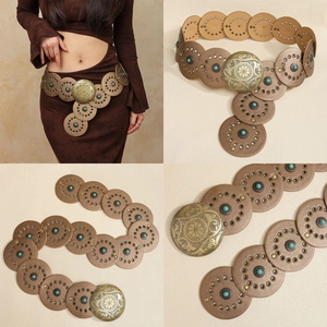 Détails de la ceinture vintage en cuir marron avec incrustations de turquoise