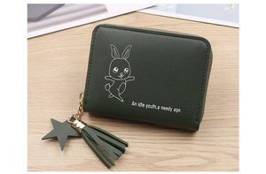 Detail of dark green PU leather coin purse with tassel and cartoon rabbit print