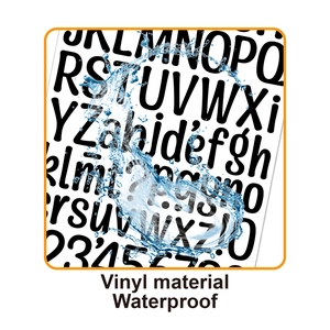 Waterproof black vinyl letter and number stickers showing splash-resistant surface detail