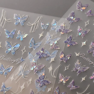 Holographic butterfly nail stickers with purple laser glitter and star patterns