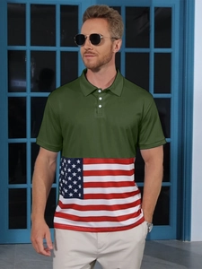 Detail shot of men's polo shirt featuring military green stitching and US flag print
