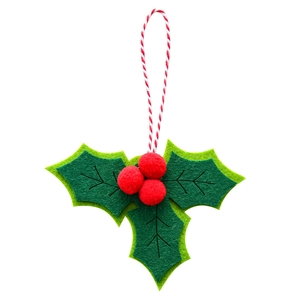Christmas holly leaf ornaments made of green felt with red pom-poms for tree decoration