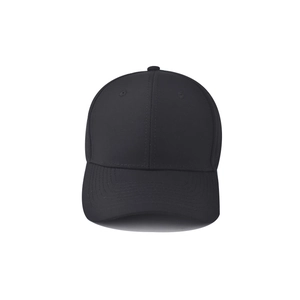 Classic black six-panel baseball cap with curved brim and breathable top vents