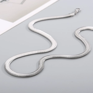 Sleek silver flat snake chain necklace with high-polish metallic texture for unisex wear