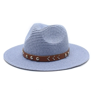 Foldable light blue woven straw western cowboy hat with studded brown leather belt trim