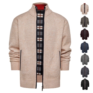 Detail of men's stand collar zip-up knit cardigan with plaid lining and 7 color options