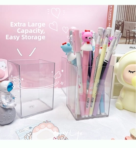 Detailed view of clear acrylic desk organizer with stationery in a cozy setting