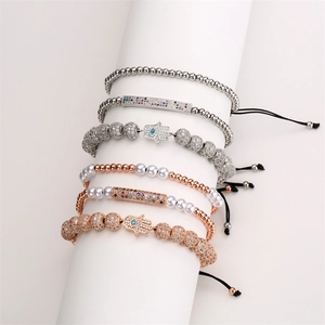 Hamsa Hand Evil Eye Copper Bracelet Micro Pave Cubic Zirconia Imitation Artificial Pearl Adjustable Woven Cord For Women Men