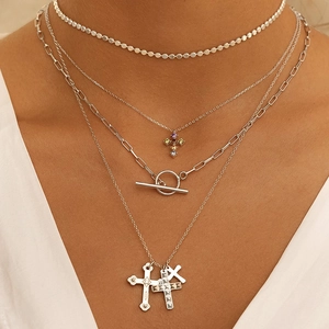 Layered S925 silver cross pendant necklace with colorful gems and metal chains for women