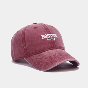 Vintage washed wine red baseball cap with white Boston 1630 embroidery for outdoor sports