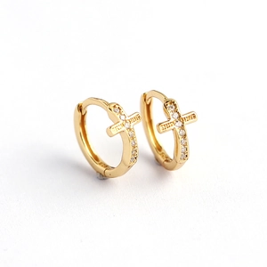 Elegant S925 sterling silver gold hoop earrings with sparkling cubic zirconia cross charms
