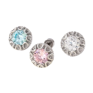 Three round titanium steel stud earrings in blue, pink, and white with zircon halo gems