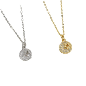 Minimalist gold and silver flower disc necklaces with zircon star cutout pendant