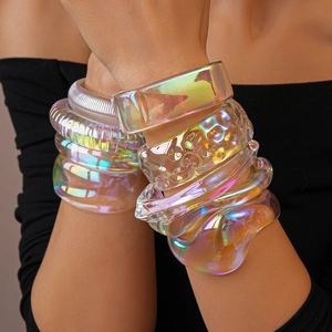 Iridescent Acrylic Chunky Bangle Bracelet Geometric Irregular Wave Ribbed Aurora Laser Fashion Jewelry For Women