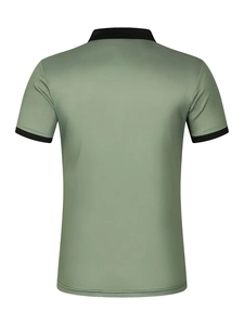 Back view of a sage green polo shirt featuring black ribbed collar and sleeve cuffs