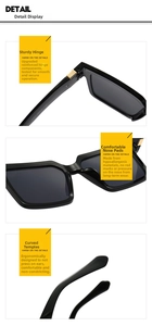 Detail of square sunglasses showing reinforced metal hinges and ergonomic curved temples