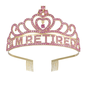Golden Retired Tiara with pink rhinestones and I'M RETIRED text for party costume