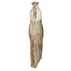Detail of leopard print halter neck maxi dress featuring sexy backless tie closure design