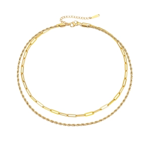 Detailed close-up of double layered 14K gold plated necklace with rope and paperclip chains