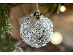 Macro shot of glass Christmas ball with silver sequin mesh and glittering pearl detail
