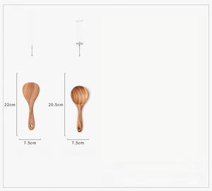 Size chart for teak wood rice paddle and round spoon with precise dimensions