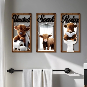 Three-piece farmhouse Highland cow bathroom wood wall decor with Unwind Soak Relax signs