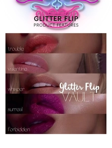 Detailed swatches of glitter liquid lipstick in five shades from orange to dark purple