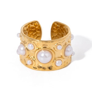 Gold stainless steel hammered open ring with inlaid white pearls in vintage luxury style