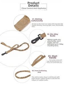 Tactical khaki dog leash detail with heavy-duty zinc alloy buckle and padded handle