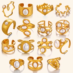 Vintage Gold Plated Stainless Steel Artificial Pearl Ring For Women French Style Non-Tarnishing Adjustable Open Jewelry