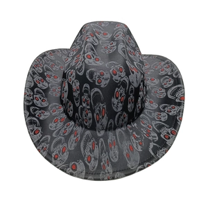 Dark grey cowboy hat featuring all-over skull print and red glitter eye details