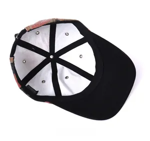 Detail view of the 100% cotton inner lining and stitching of the camouflage baseball cap