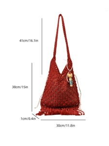 Red handmade woven cotton tote bag with tassels and size dimensions for daily use