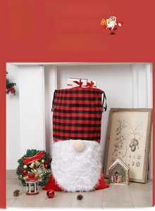 Extra large Christmas gnome gift bag with red plaid and white faux fur drawstring design