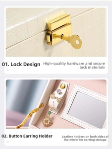 Detail of white crocodile PU leather jewelry box with gold lock and earring organizer