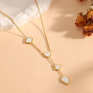 18k gold plated stainless steel Y-necklace with clover, heart and butterfly pendants