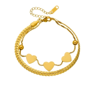 Double-layered gold-plated stainless steel heart bracelet with snake and box chain design