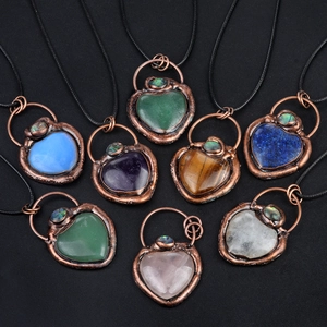Collection of heart-shaped natural stone necklaces with handcrafted bronze wire wrap